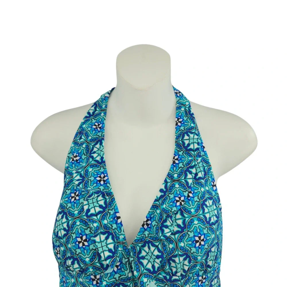 Assets by Sara Blakely Swim Tankini Top Women Large Blue Geometric Halter Ruffle